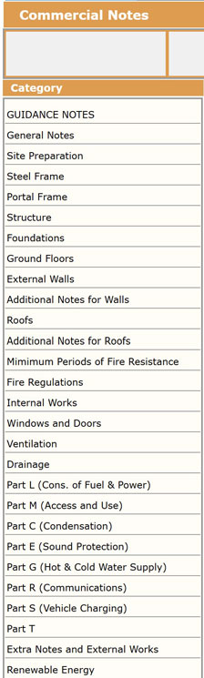 Commercial Project Notes providing additional info on Specifications for Offices, Shops, Industrial / Storage Buildings